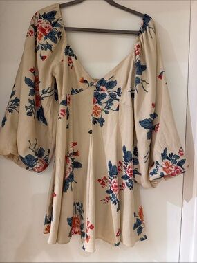 Free People Cream Floral Peasant Dress with Puff Sleeves